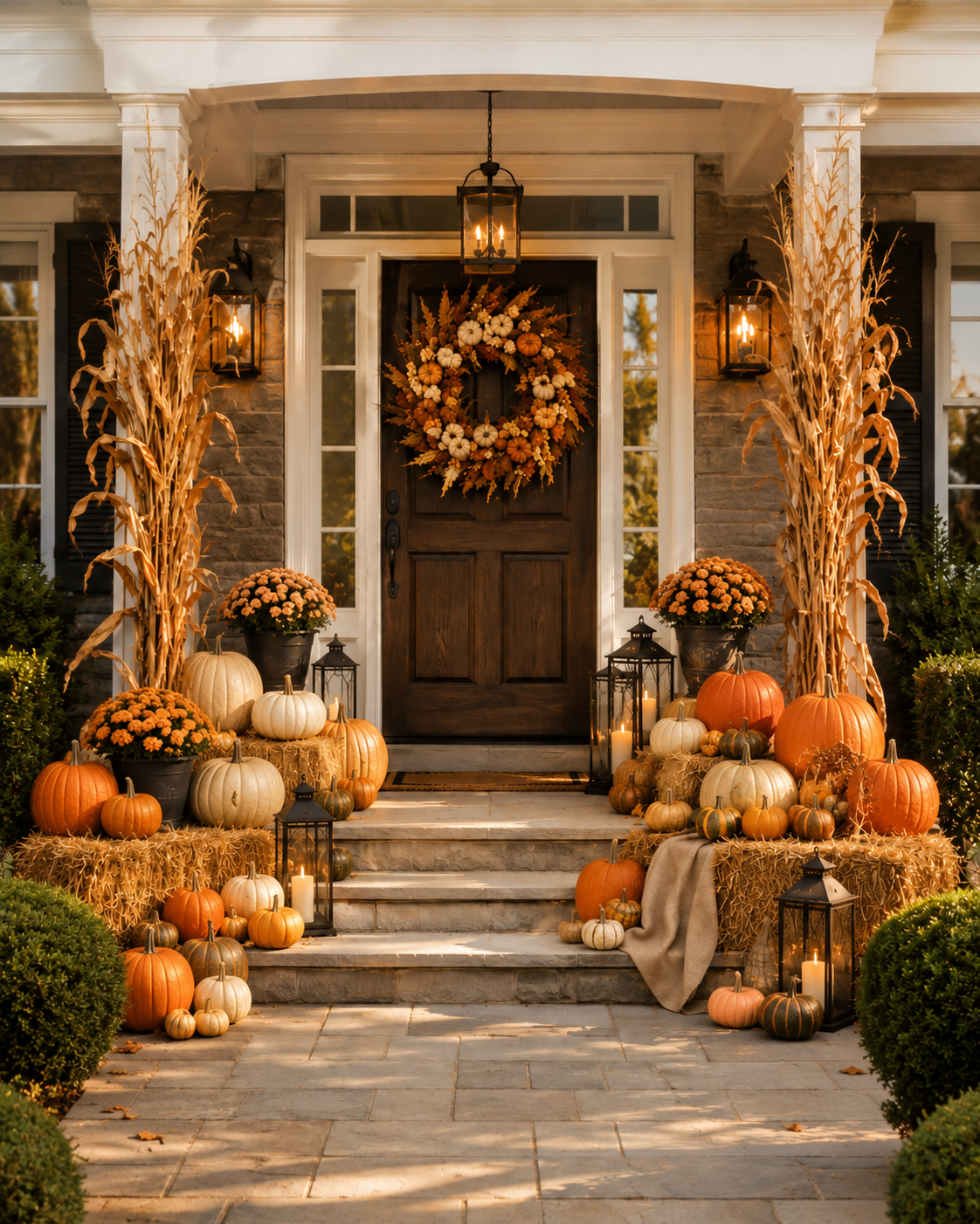 Sun Collection Halloween porch styled in warm amber, gold and orange tones with heirloom pumpkins and dried wheat