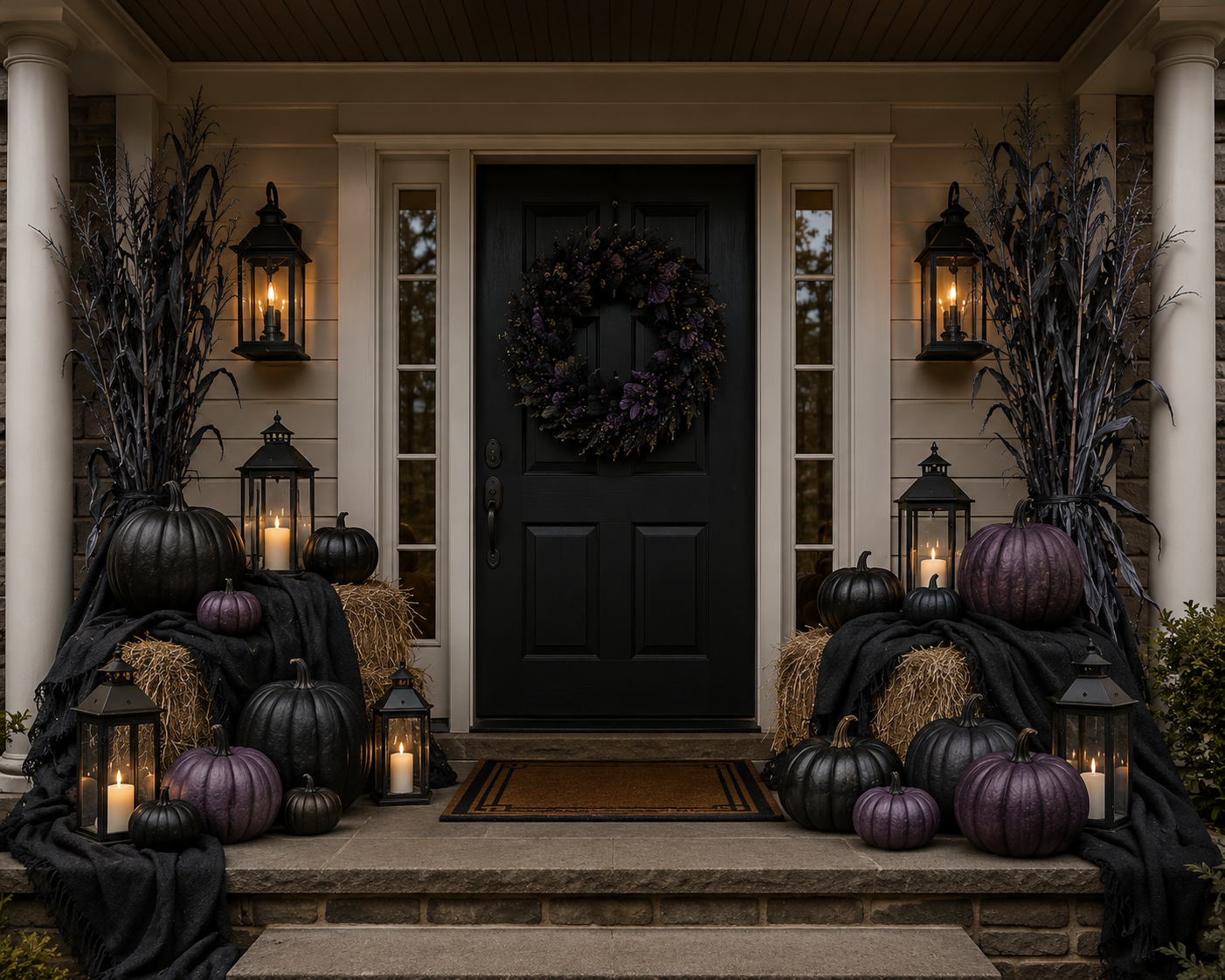 Moon Collection Halloween porch in black and silver with white accents and a splash of orange