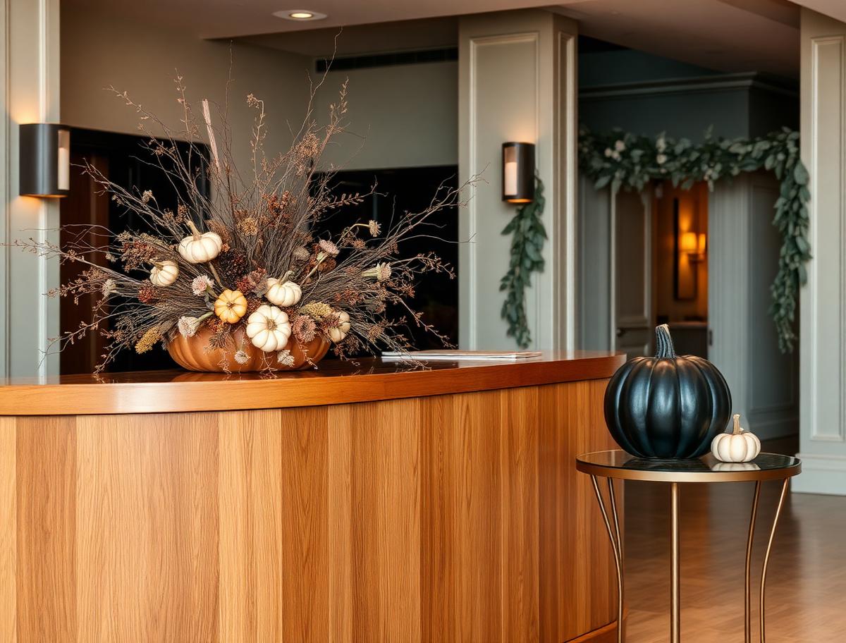 Boutique hotel reception with a refined Halloween arrangement of dried autumn florals in a terracotta planter, pale heirloom and black pumpkins, and sage garland