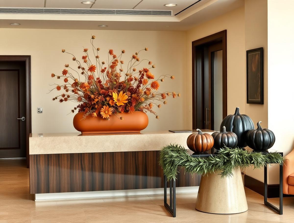 Corporate office lobby styled for Halloween with a terracotta planter of dried autumn florals, pale heirloom and black pumpkins, and sage garland along the reception desk