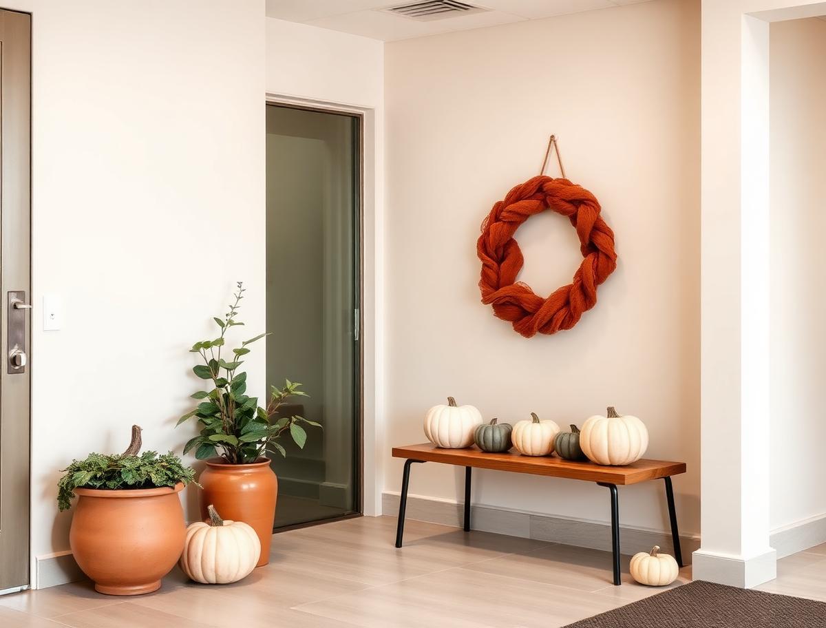 Medical office entry with a muted Halloween arrangement of cream and charcoal-brown pumpkins, a rust terracotta wreath and sage plant in a terracotta planter