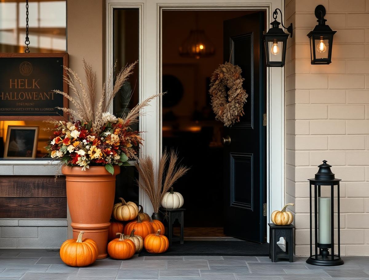 Upscale restaurant entry styled for Halloween with a rust terracotta planter of autumn florals, cream and charcoal-brown pumpkins, and a muted sage wreath