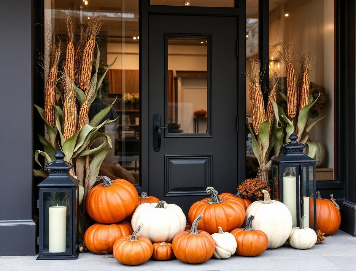 Retail storefront entry flanked by corn stalks with lit black lanterns, rust terracotta and cream heirloom pumpkins, and muted sage accents