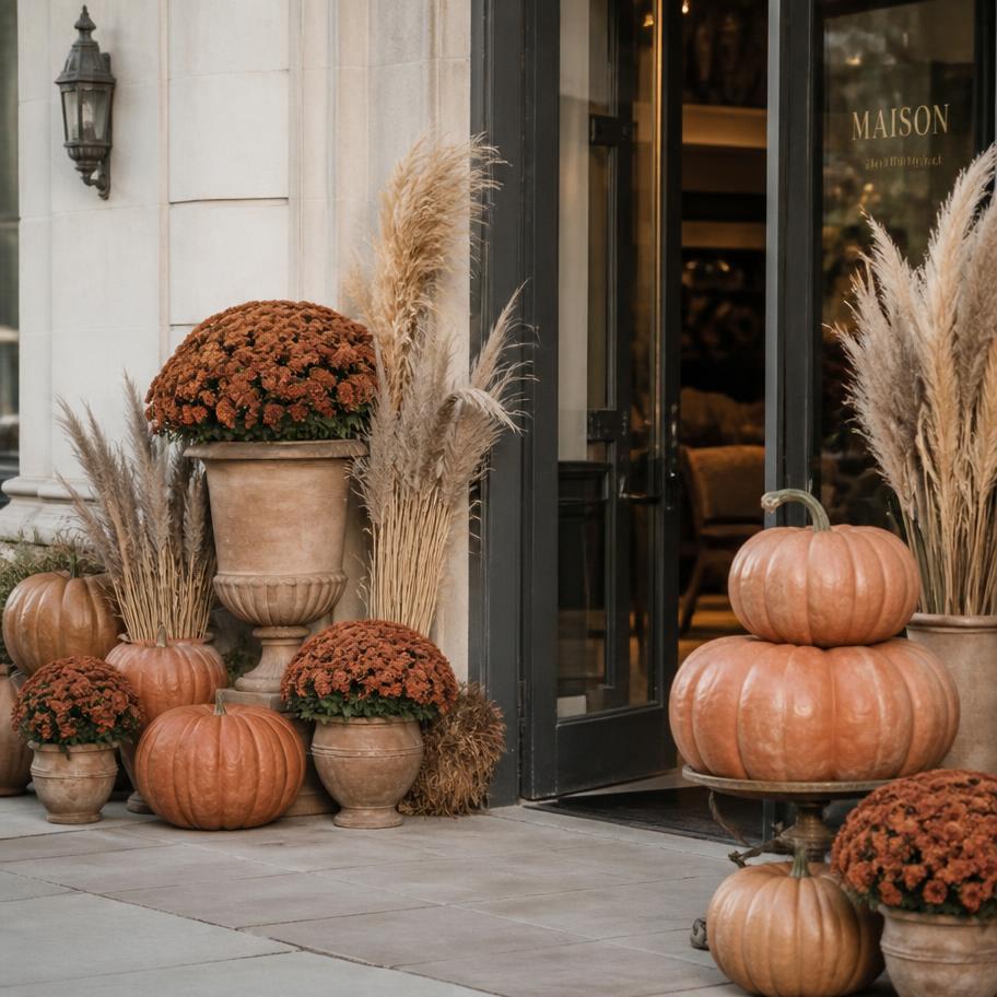 Sun Collection commercial entrance styled in warm amber, gold and orange tones with heirloom pumpkins and dried wheat