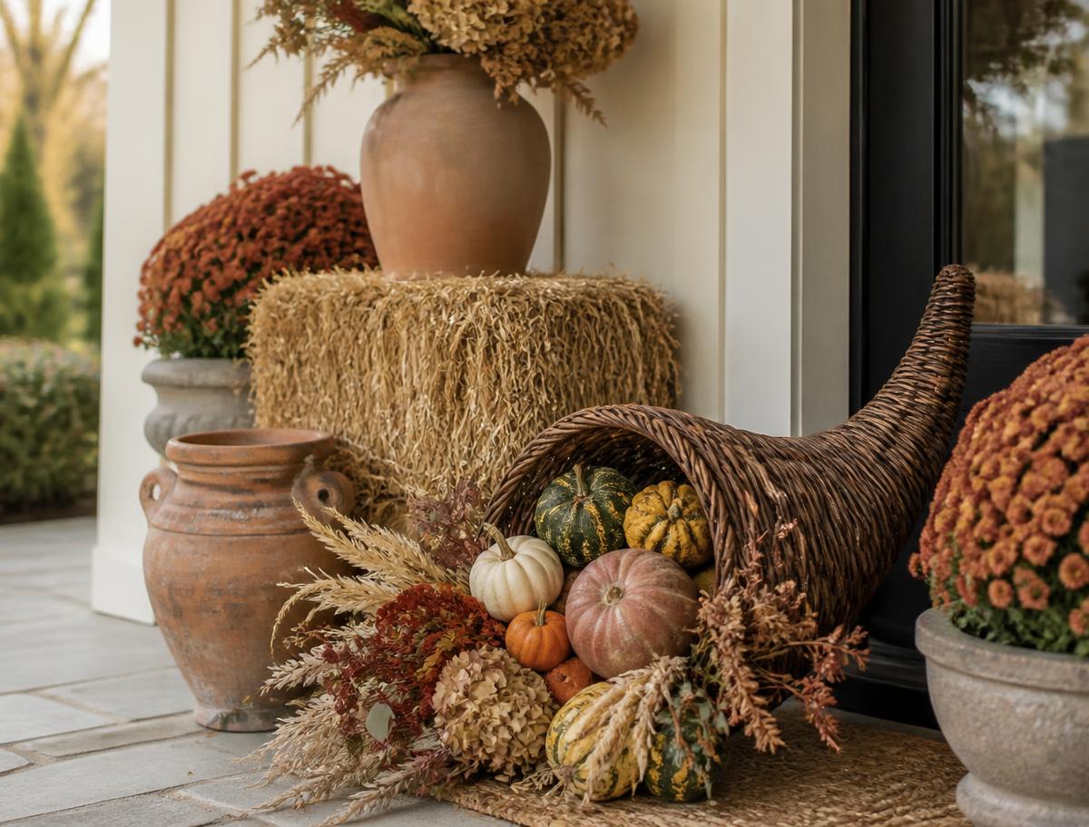 Porch install with a woven cornucopia of gourds and dried florals beside a hay bale, terracotta urns and rust chrysanthemums
